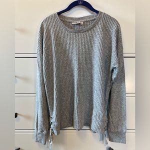SO Tie Sweater - light grey, women’s medium - ties on side in front of sweater
